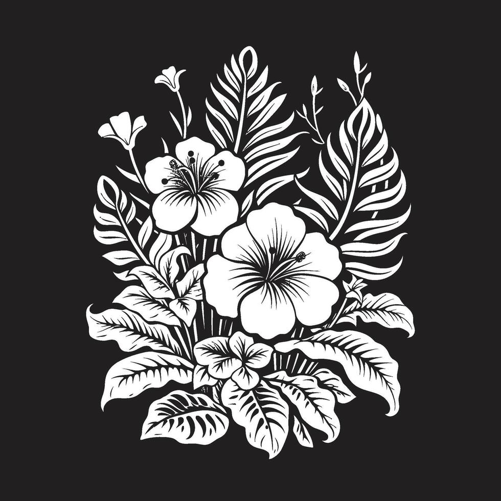 Tropical Allure Iconic Symbol in Black with Plant Leaves and Flower Vectors Island Oasis Dynamic Black Logo Design with Tropical Plant Leaves and Flowers
