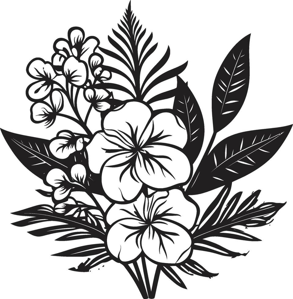 botánico felicidad pulcro negro icono diseño con tropical planta hojas y flores selva armonía vector negro logo presentando exótico planta hojas y flores