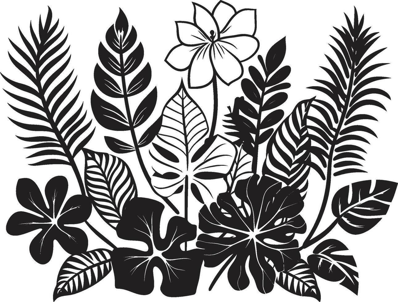 Island Oasis Dynamic Black Logo Design with Tropical Plant Leaves and Flowers Paradise Petals Sleek Vector Icon of Tropical Plant Leaves and Flowers in Black