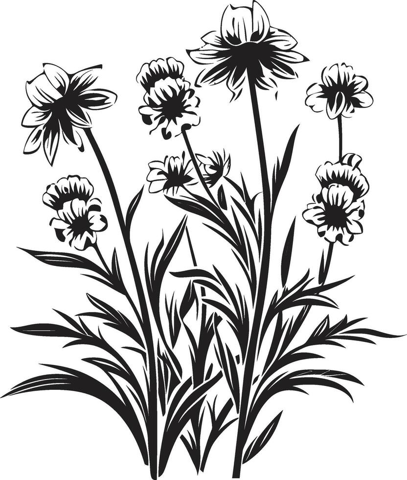 floreciente campos icónico negro símbolo con flor silvestre vector místico pétalos pulcro negro logo diseño presentando flores silvestres