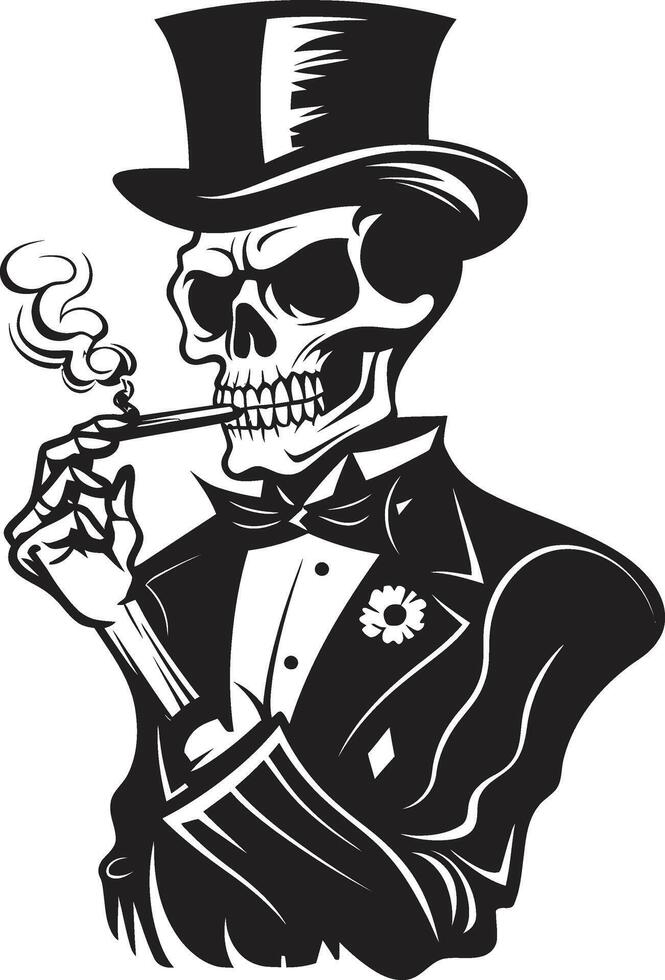 Gentlemanly Smoke Crest Vector Design for Sophisticated Smoking Skeleton Icon Vintage Vapor Badge Smoking Gentleman Skeleton Vector Logo for Nostalgic Elegance