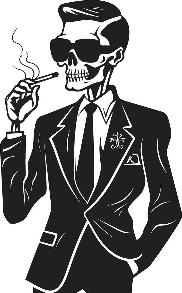 Stylish Smoke Break Badge Vector Design for Gentleman Skeleton Icon with Classic Appeal Antique Ash Insignia Smoking Gentleman Skeleton Vector Logo for Vintage Allure