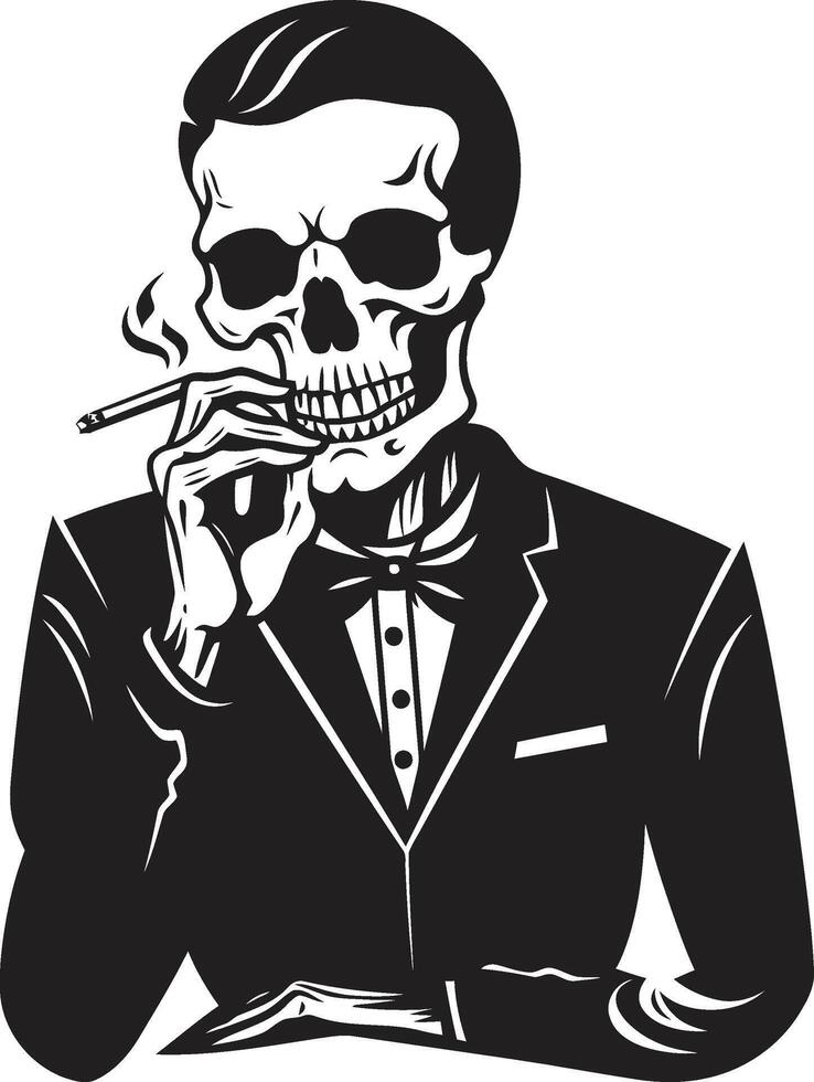 Stylish Smoke Break Badge Vector Design for Gentleman Skeleton Icon with Classic Appeal Antique Ash Insignia Smoking Gentleman Skeleton Vector Logo for Vintage Allure