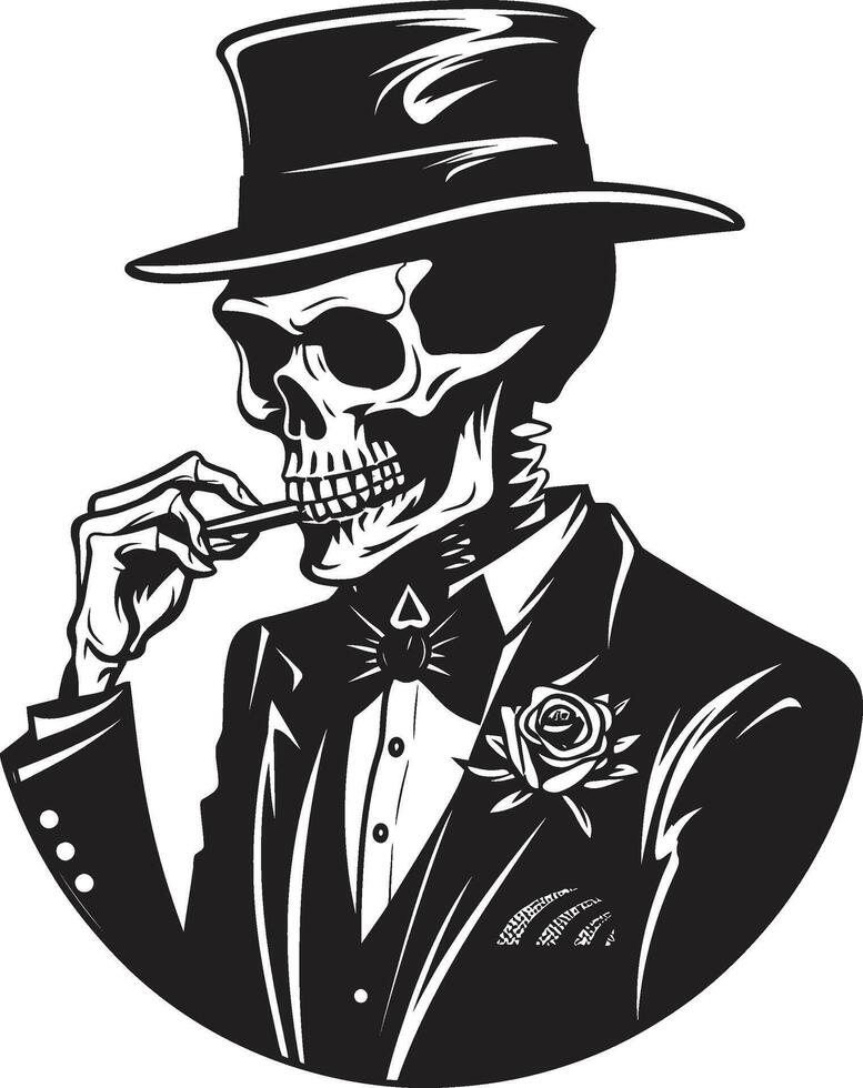 Stylish Smoke Break Badge Vector Design for Gentleman Skeleton Icon with Classic Appeal Antique Ash Insignia Smoking Gentleman Skeleton Vector Logo for Vintage Allure