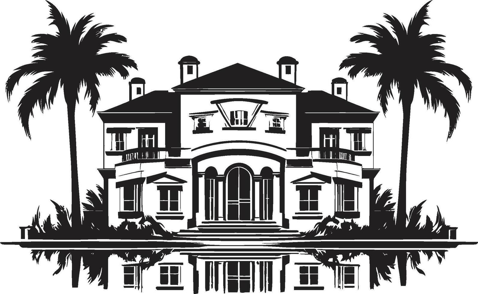 Skyline Sanctuary Crest Stylish Emblem with Modern Villa Silhouette Villa Vista Badge Panoramic View Logo of a Contemporary Villa vector