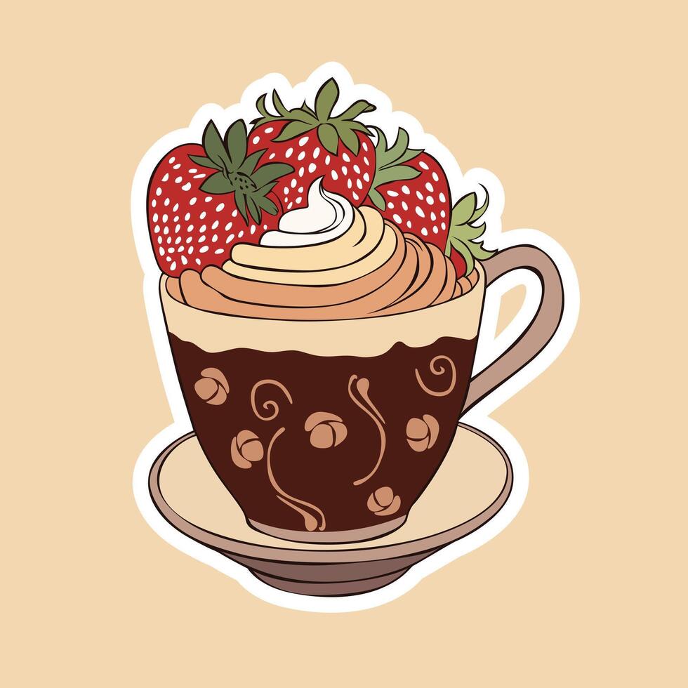 Vector art depicts a delightful cup of coffee adorned with luscious strawberries and creamy swirls, evoking a tantalizing blend of flavors.