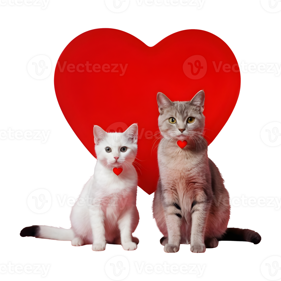 AI generated Transparent background with two cats and a red heart isolated png