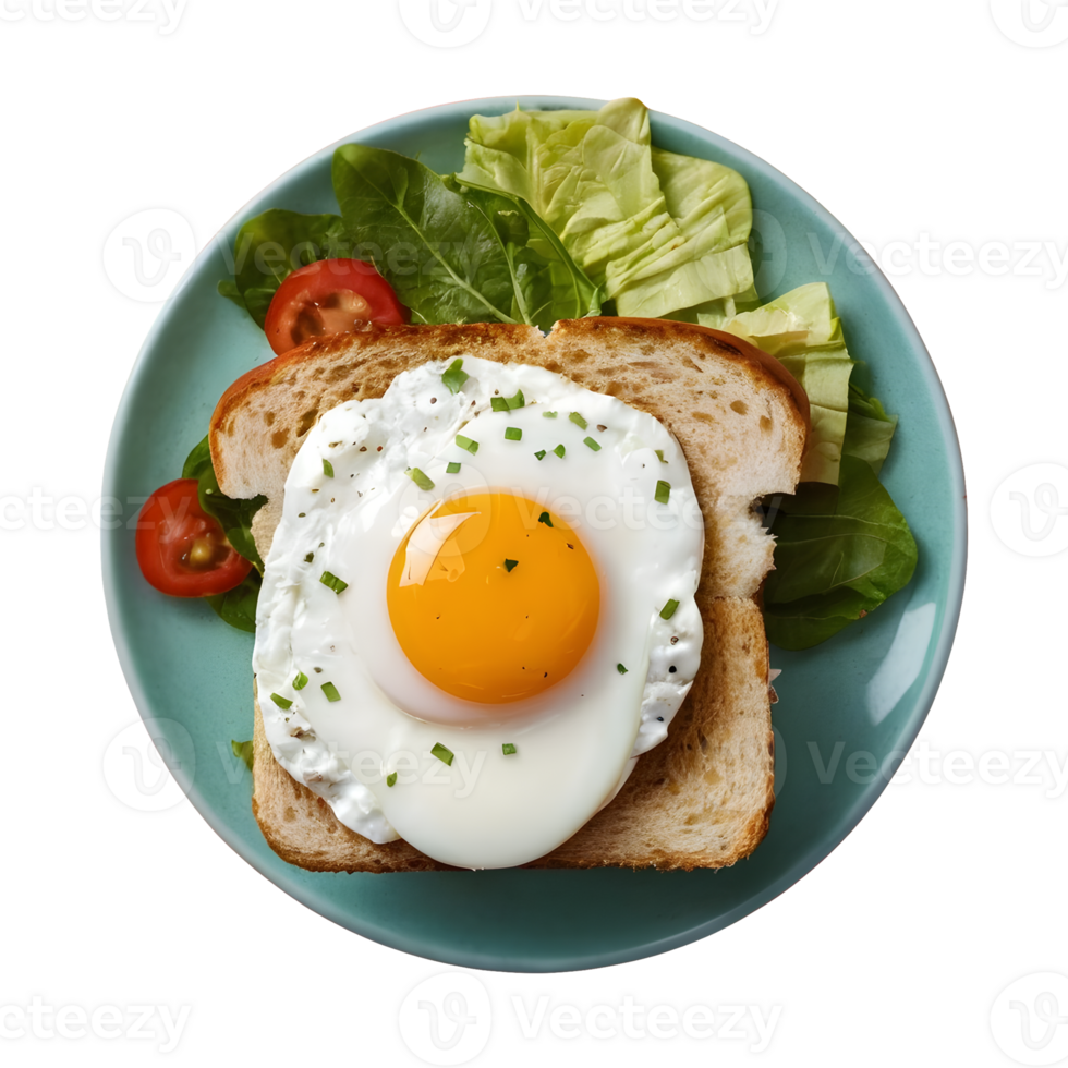 AI generated Yummy poached egg sandwich photographed from above on a transparent background isolated png