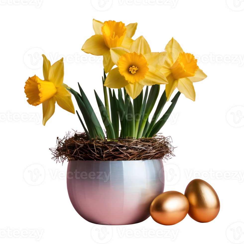 AI generated Daffodil flowers in an aluminum vase with a gold wrapped easter egg group in a bird nest isolated png