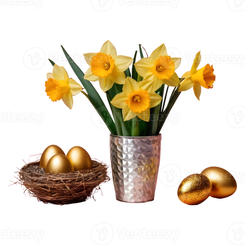 AI generated Daffodil flowers in an aluminum vase with a gold wrapped easter egg group in a bird nest isolated png