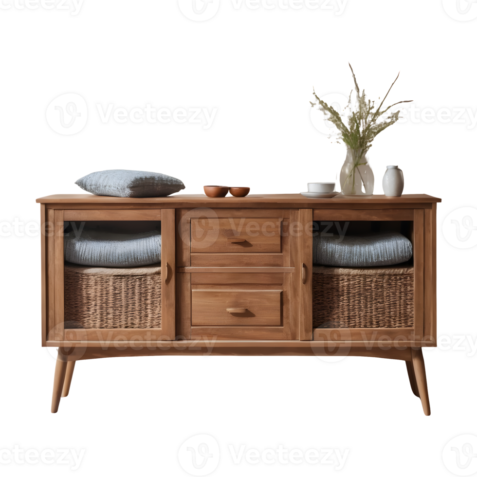 AI generated Wooden sideboard table with cushions and throws on a transparent background isolated png