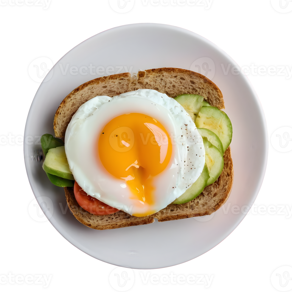 AI generated Yummy poached egg sandwich photographed from above on a transparent background isolated png