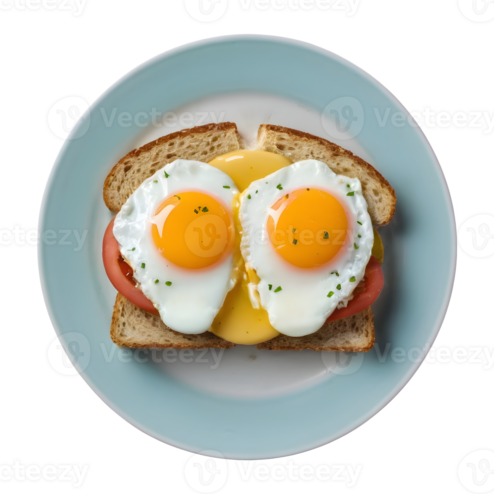 AI generated Yummy poached egg sandwich photographed from above on a transparent background isolated png