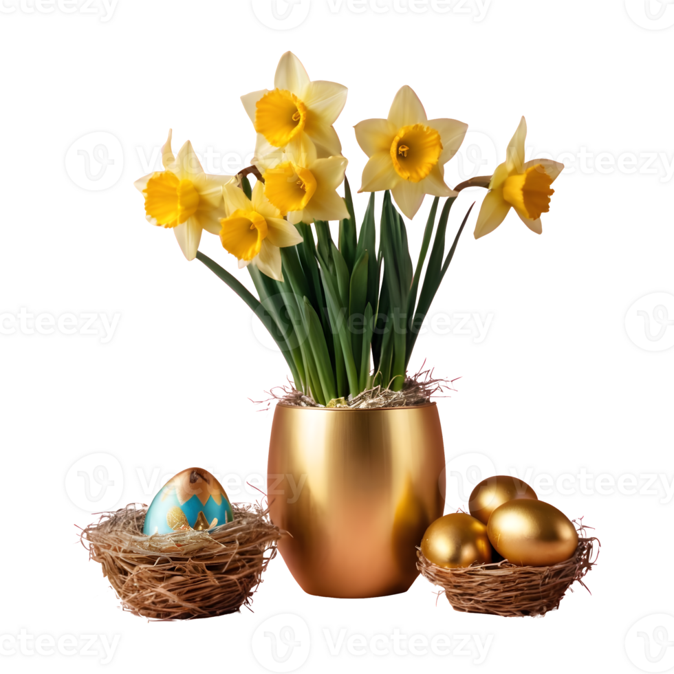 AI generated Daffodil flowers in an aluminum vase with a gold wrapped easter egg group in a bird nest isolated png
