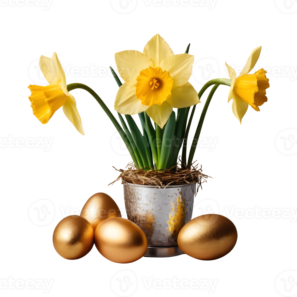 ai gegenereerd gele narcis bloemen in een aluminium vaas met een goud verpakt Pasen ei groep in een vogel nest geïsoleerd png