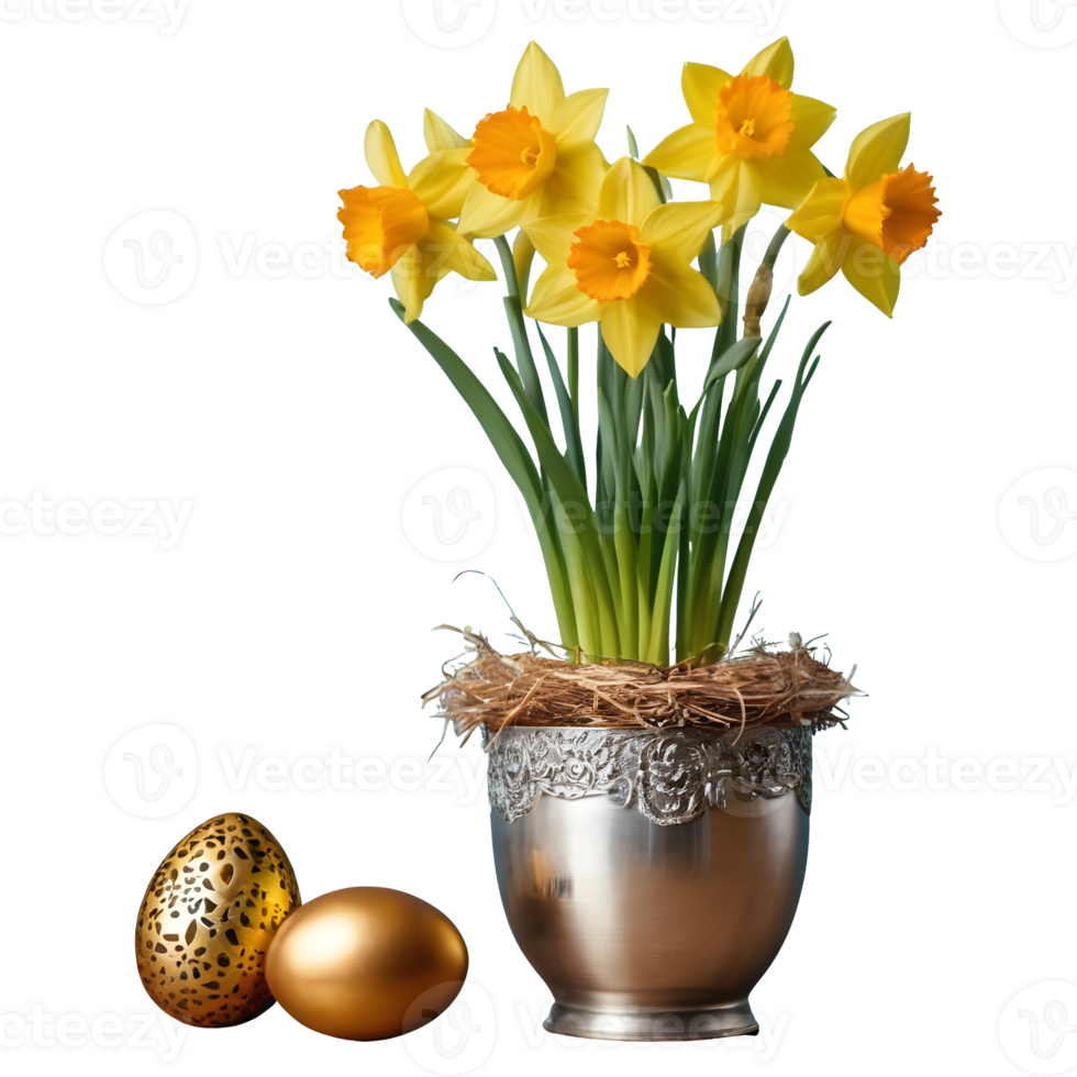 AI generated Daffodil flowers in an aluminum vase with a gold wrapped easter egg group in a bird nest isolated png