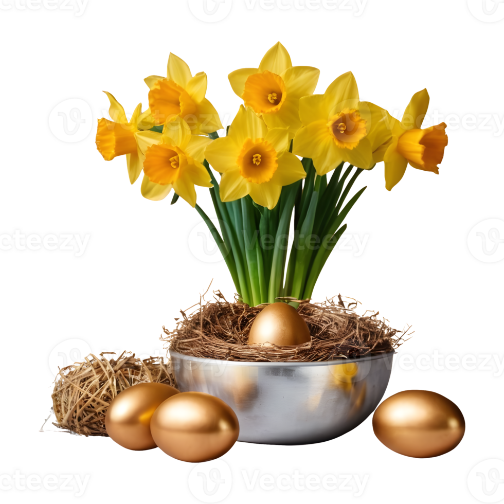 AI generated Daffodil flowers in an aluminum vase with a gold wrapped easter egg group in a bird nest isolated png