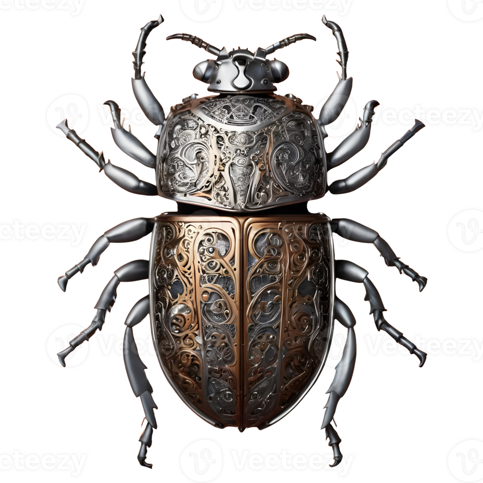 AI generated Metallic beetle with a silver steampunk mechanical design isolated png