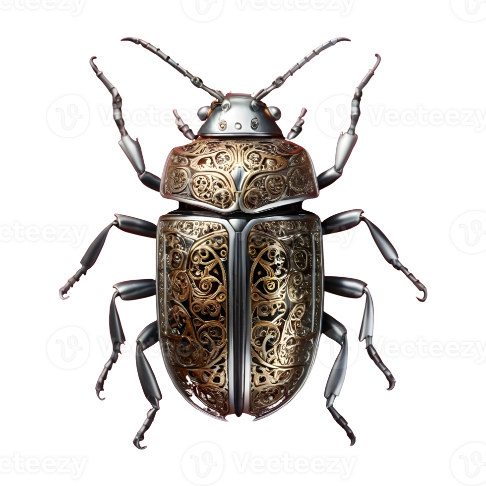 AI generated Metallic beetle with a silver steampunk mechanical design isolated png