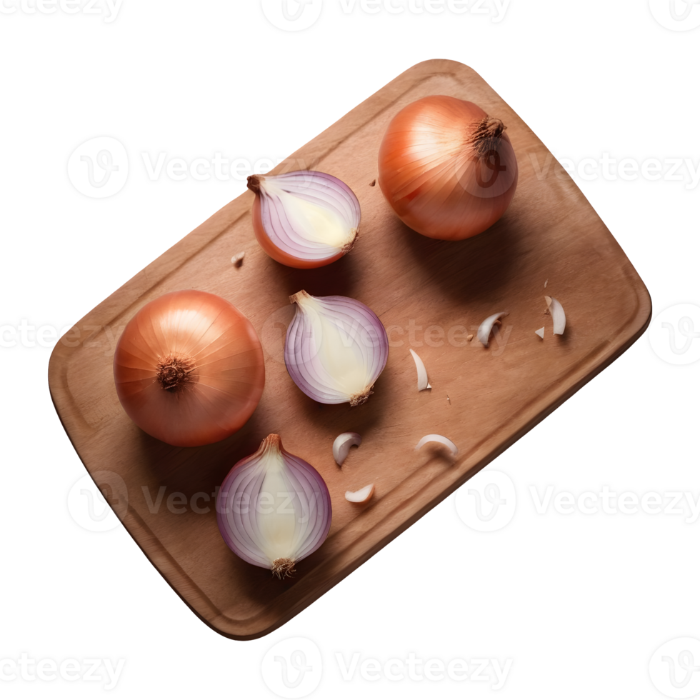 AI generated Chopped onion on a wooden board isolated png