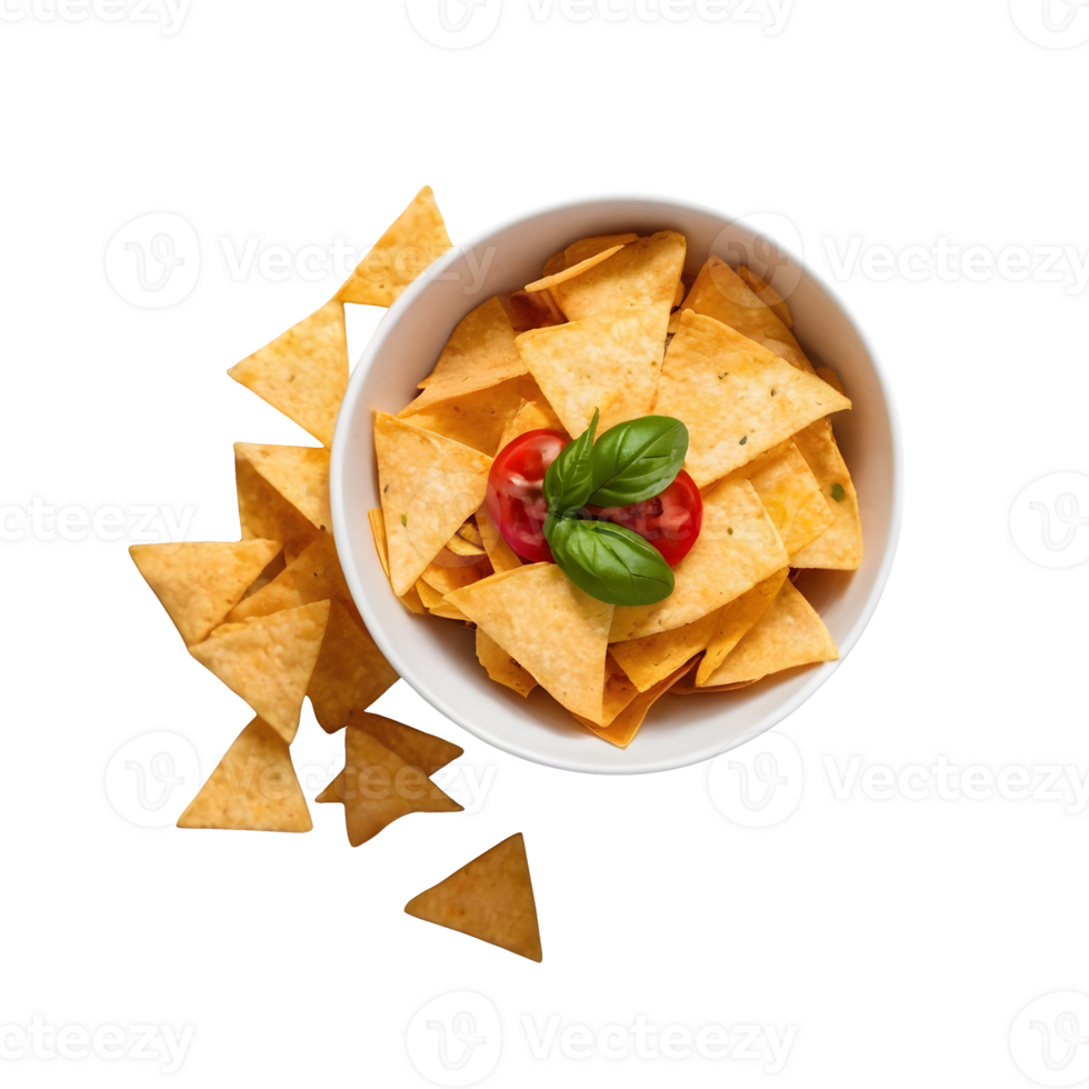 AI generated Unhealthy concept white bowl of nacho chips on marble background isolated png