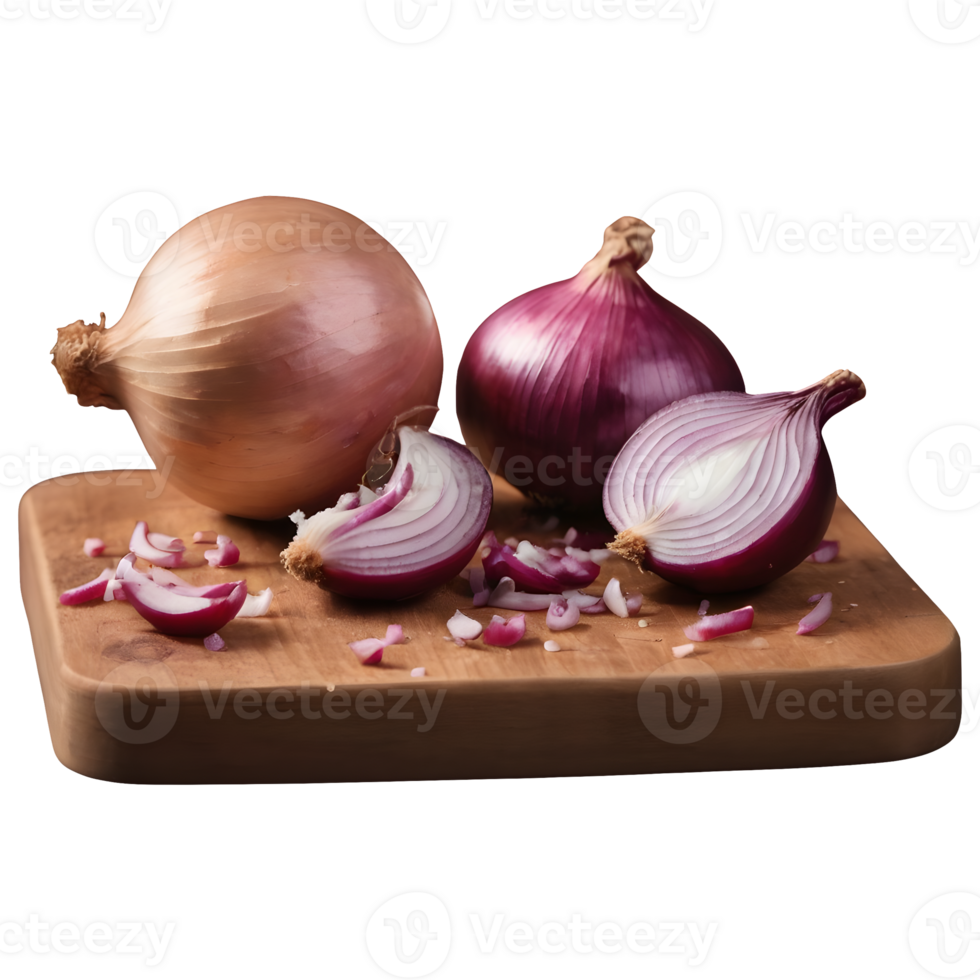 AI generated Chopped onion on a wooden board isolated png