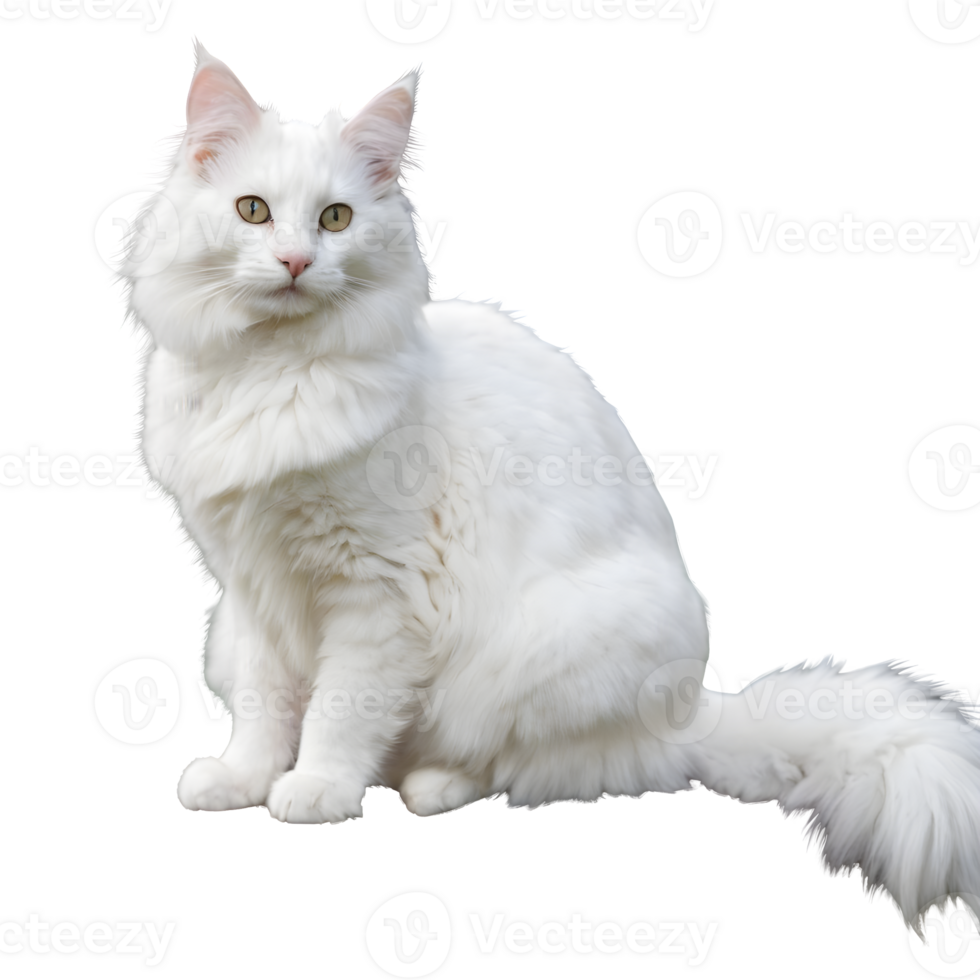 AI generated Turkish angora cat with white fur sitting on a plank in the yard isolated png