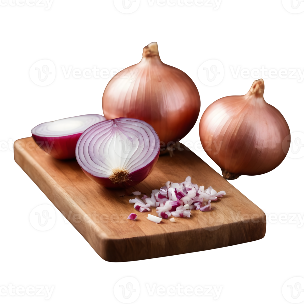 AI generated Chopped onion on a wooden board isolated png