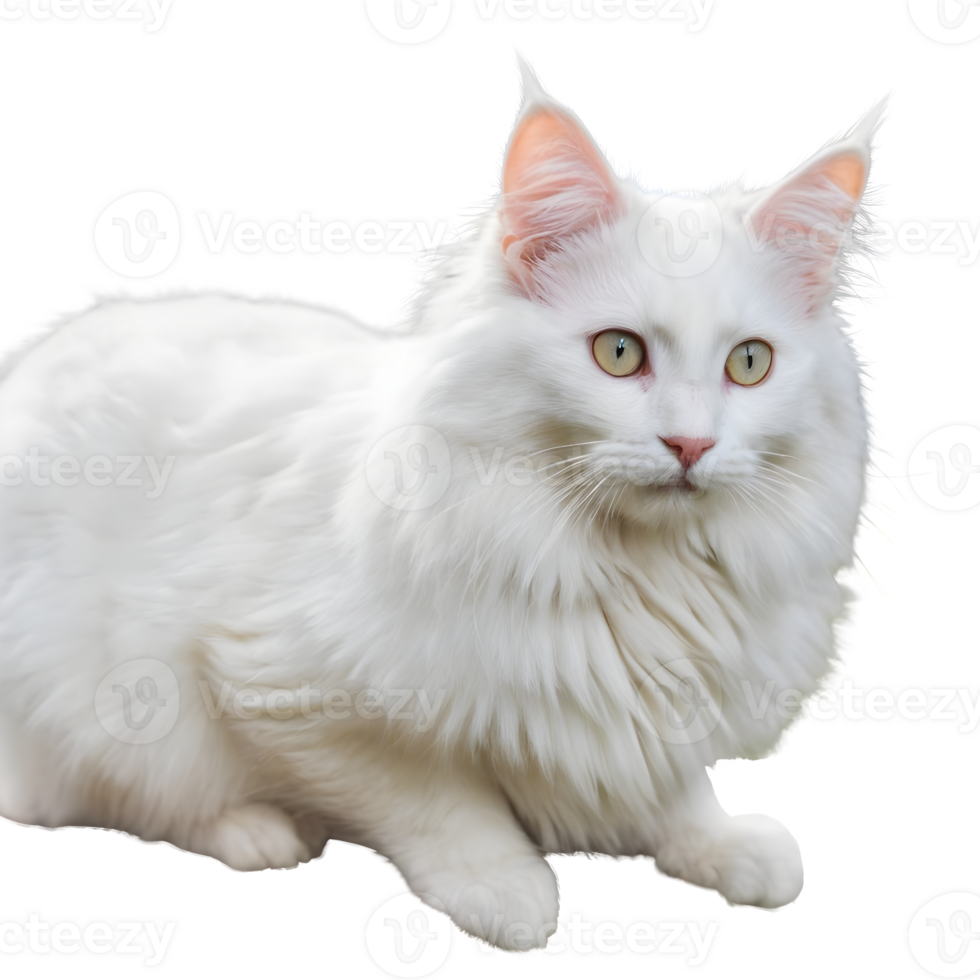 AI generated Turkish angora cat with white fur sitting on a plank in the yard isolated png