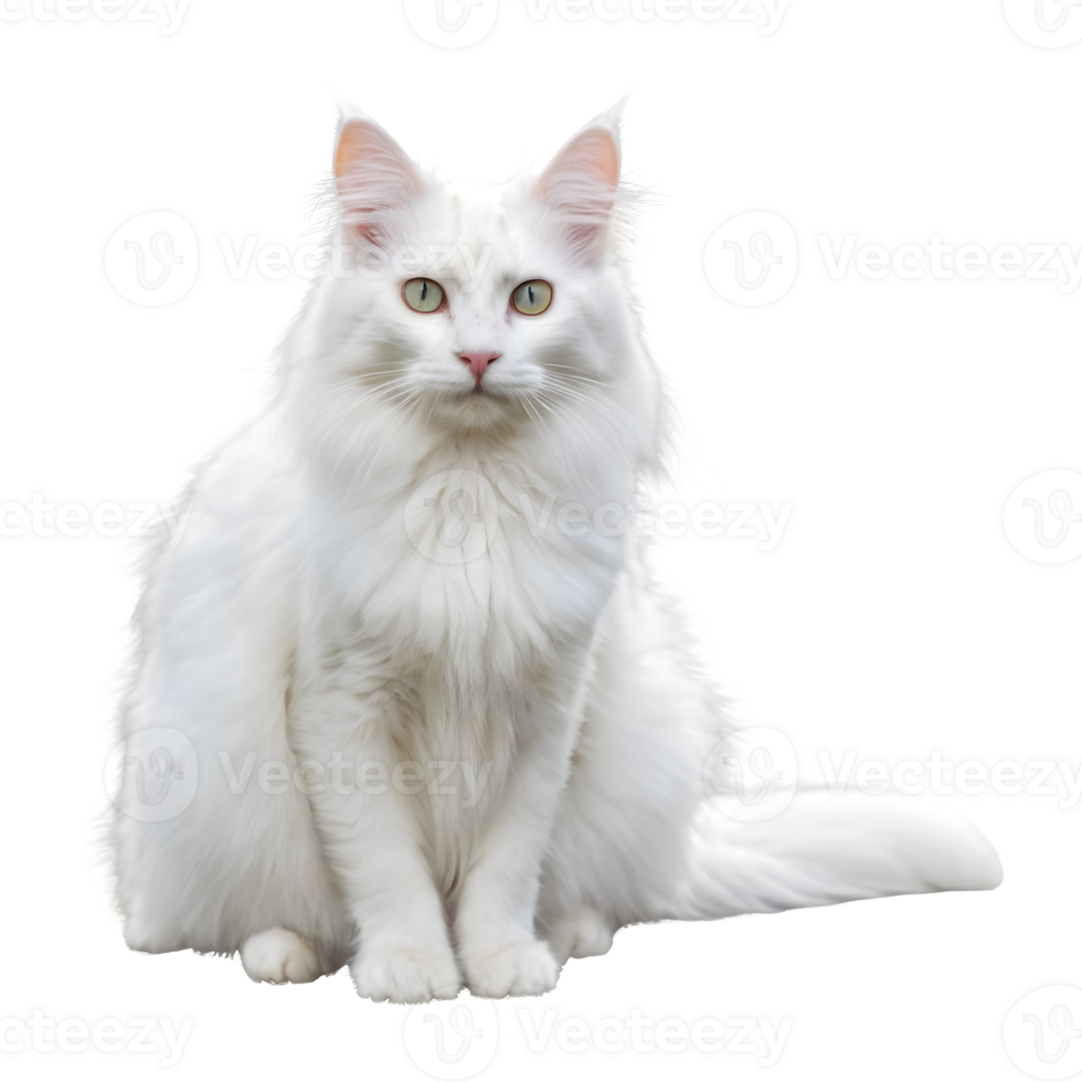 AI generated Turkish angora cat with white fur sitting on a plank in the yard isolated png