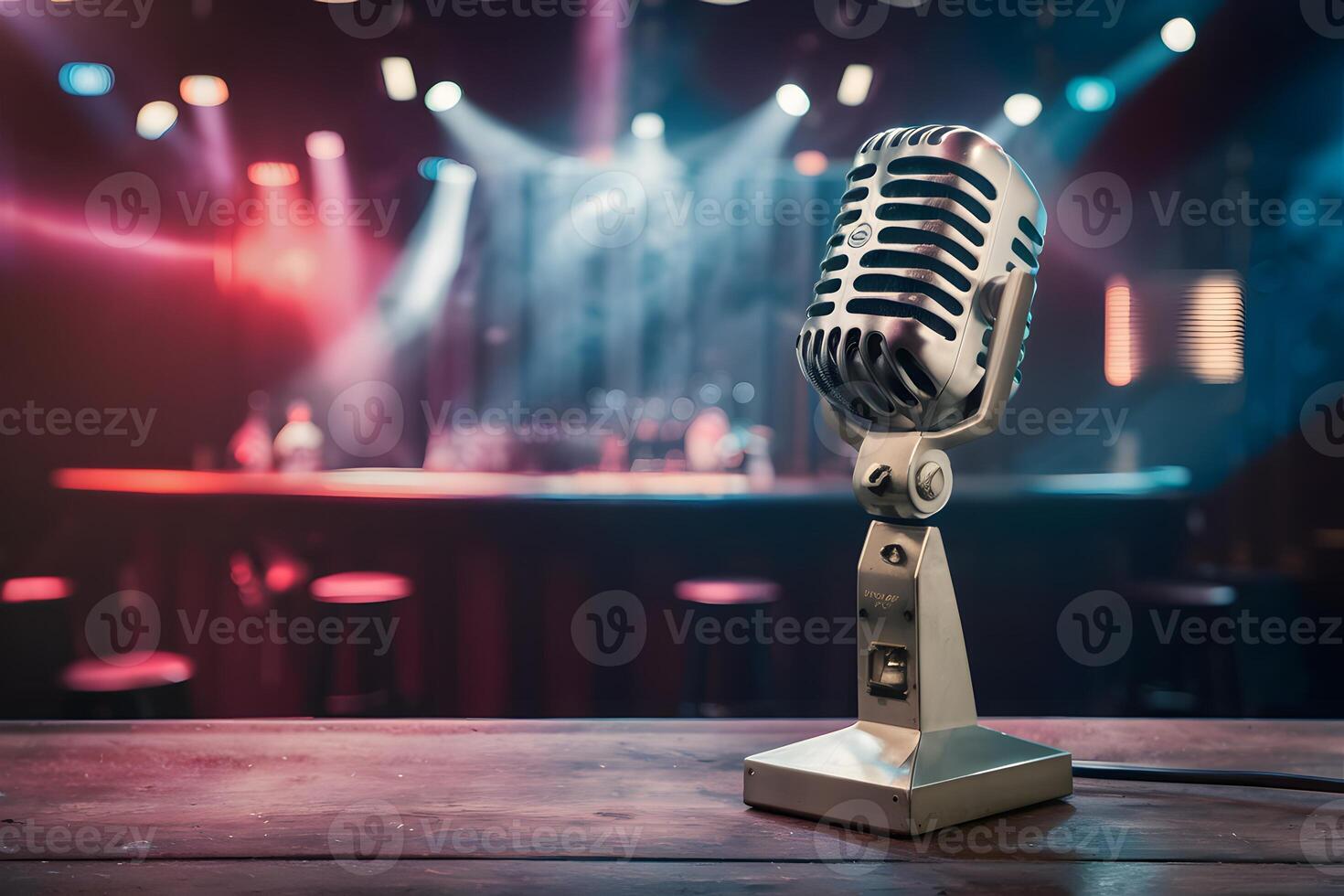 AI generated Img Vintage microphone on bar stage, retro audio equipment photo