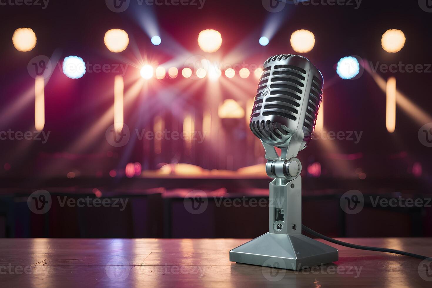 AI generated Img Vintage microphone on bar stage, retro audio equipment photo