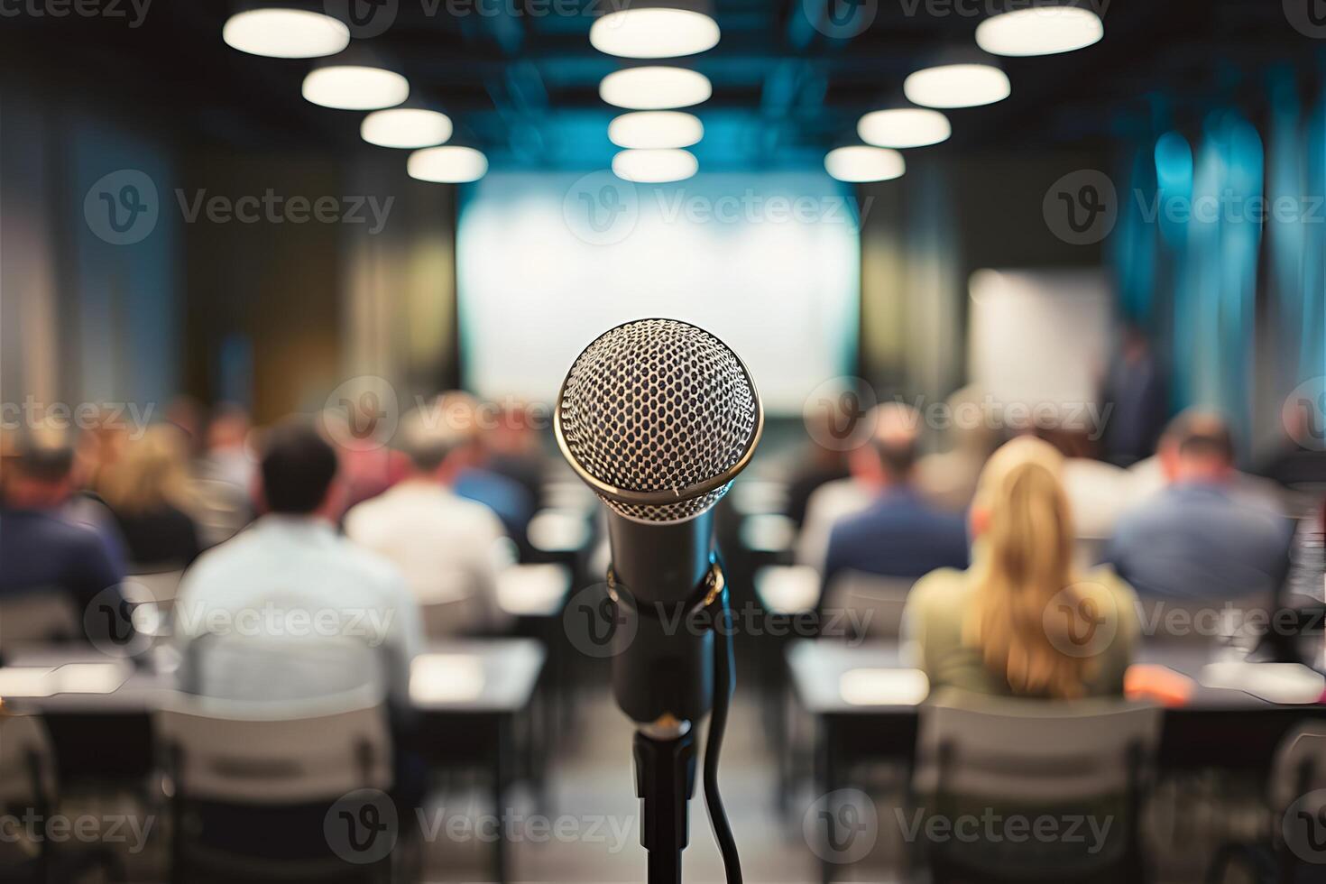 AI generated Microphone stands amidst blurred seminar room, speakers voice symbolized photo
