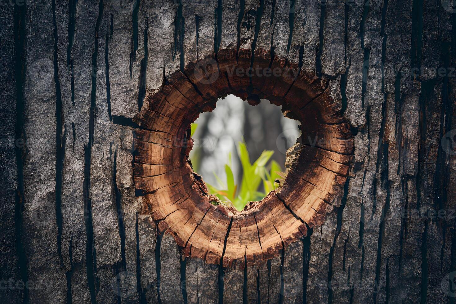 AI generated Hole in trunk of tree, textured wooden surface close up photo