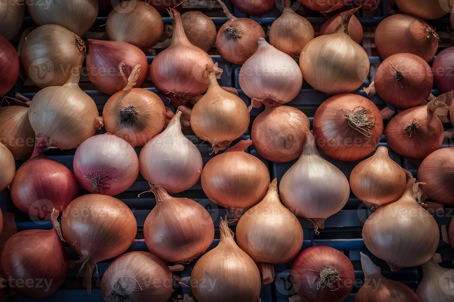 AI generated Onions found on market stall, onion concept, culinary background photo