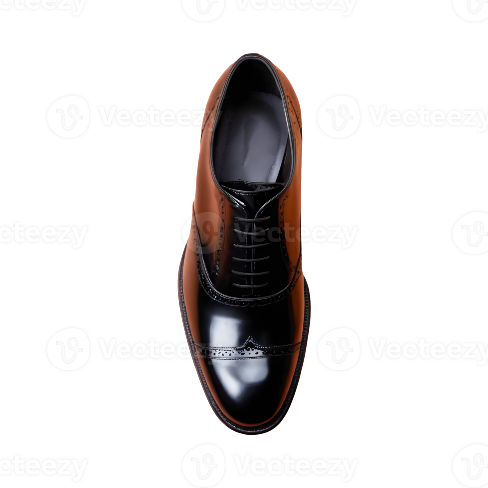 AI generated Men s black oxford shoe with perforations seen from above on a transparent background isolated png