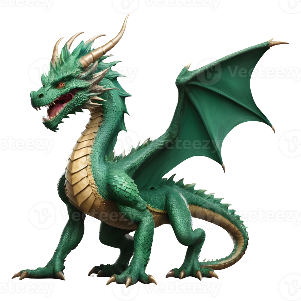 AI generated Green fantasy dragon shown isolated on transparent background isolated png