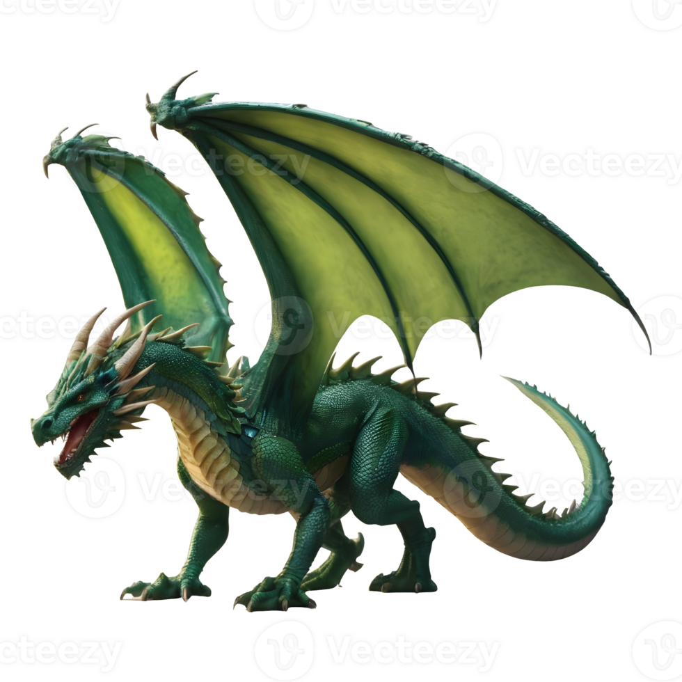 AI generated Green fantasy dragon shown isolated on transparent background isolated png