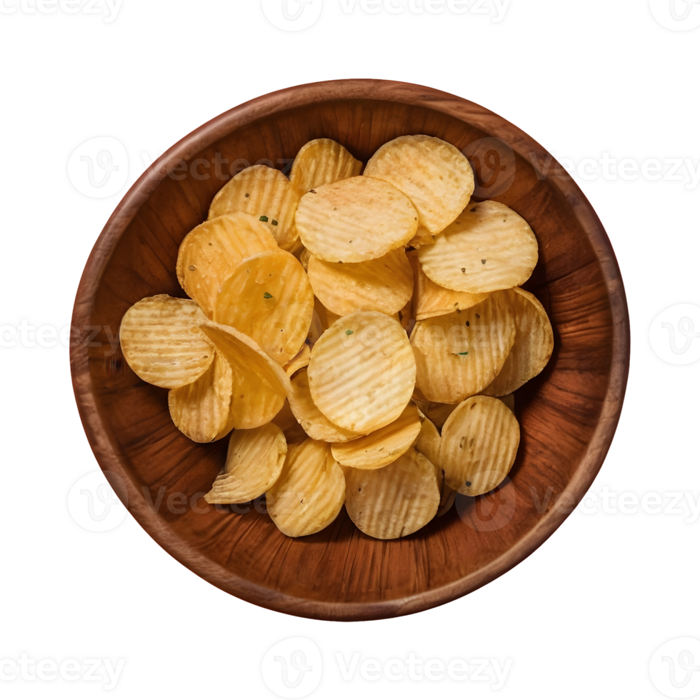 AI generated Potato chips wooden bowl isolated png