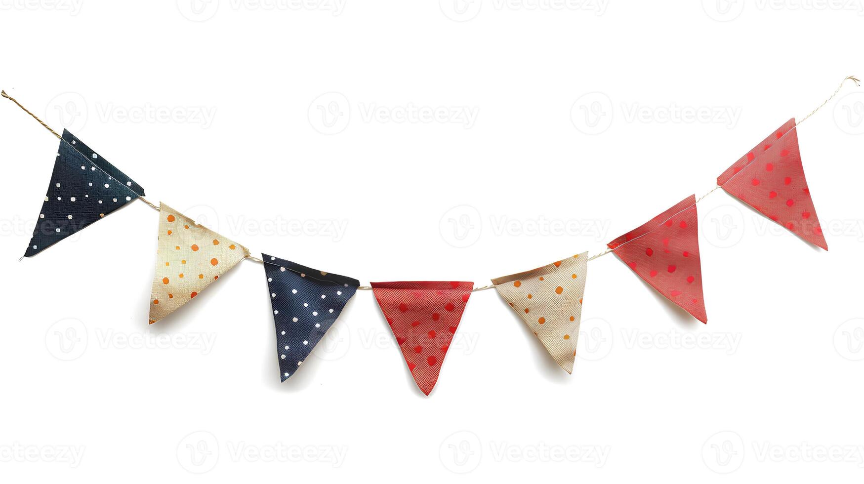 AI generated Party flag garland isolated on white background with shadow. Colorful flag garland for birthday parties and other celebrations. Colorful knitted party flags on a string photo