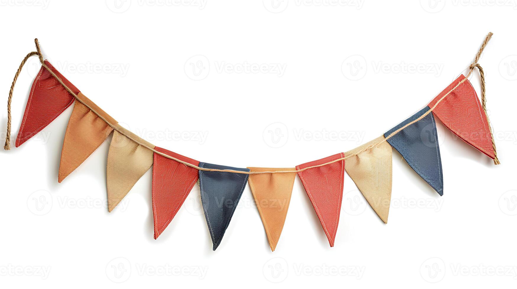 AI generated Party flag garland isolated on white background with shadow. Colorful flag garland for birthday parties and other celebrations. Colorful knitted party flags on a string photo