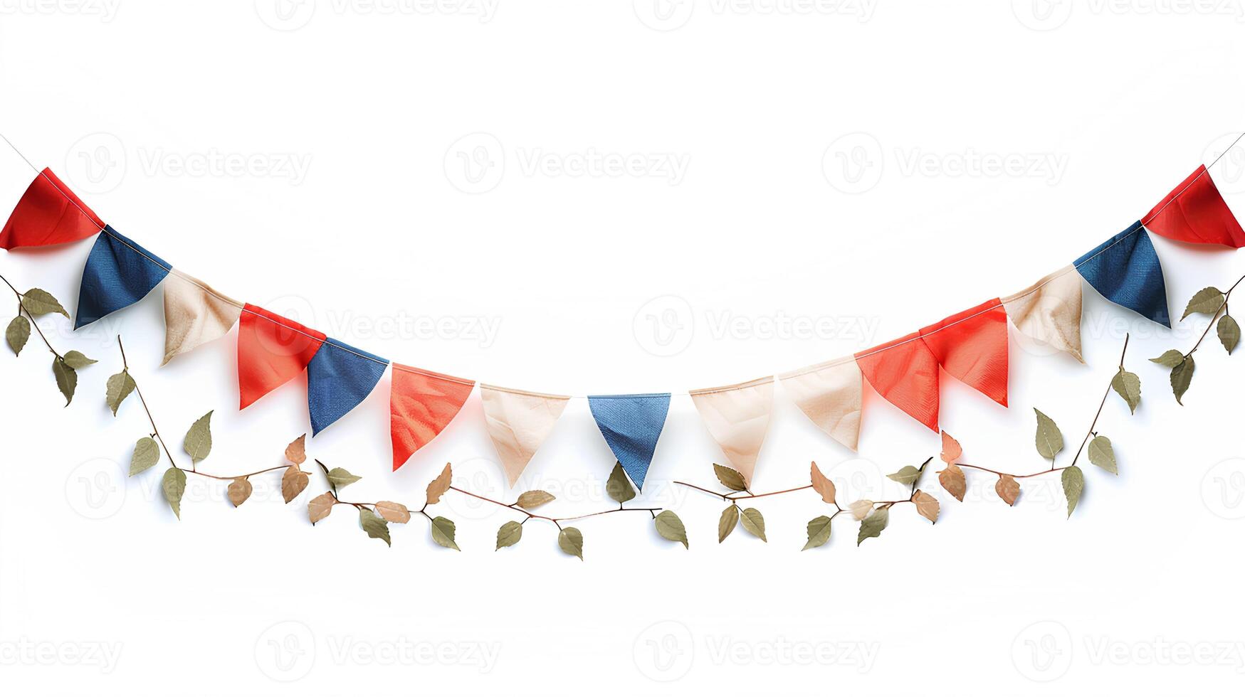 AI generated Party flag garland isolated on white background with shadow. Colorful flag garland for birthday parties and other celebrations. Colorful knitted party flags on a string photo