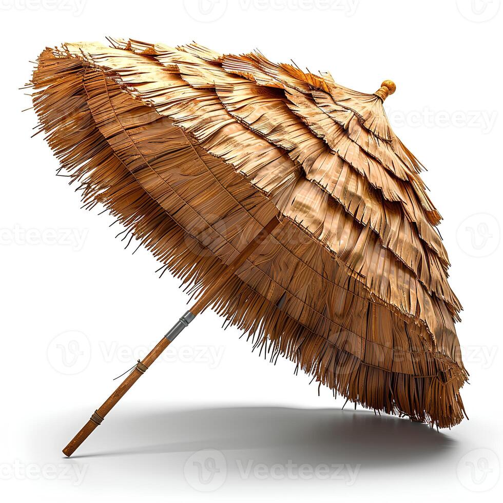 AI generated straw parasol isolated on white background with shadow. straw umbrella for beach use isolated photo