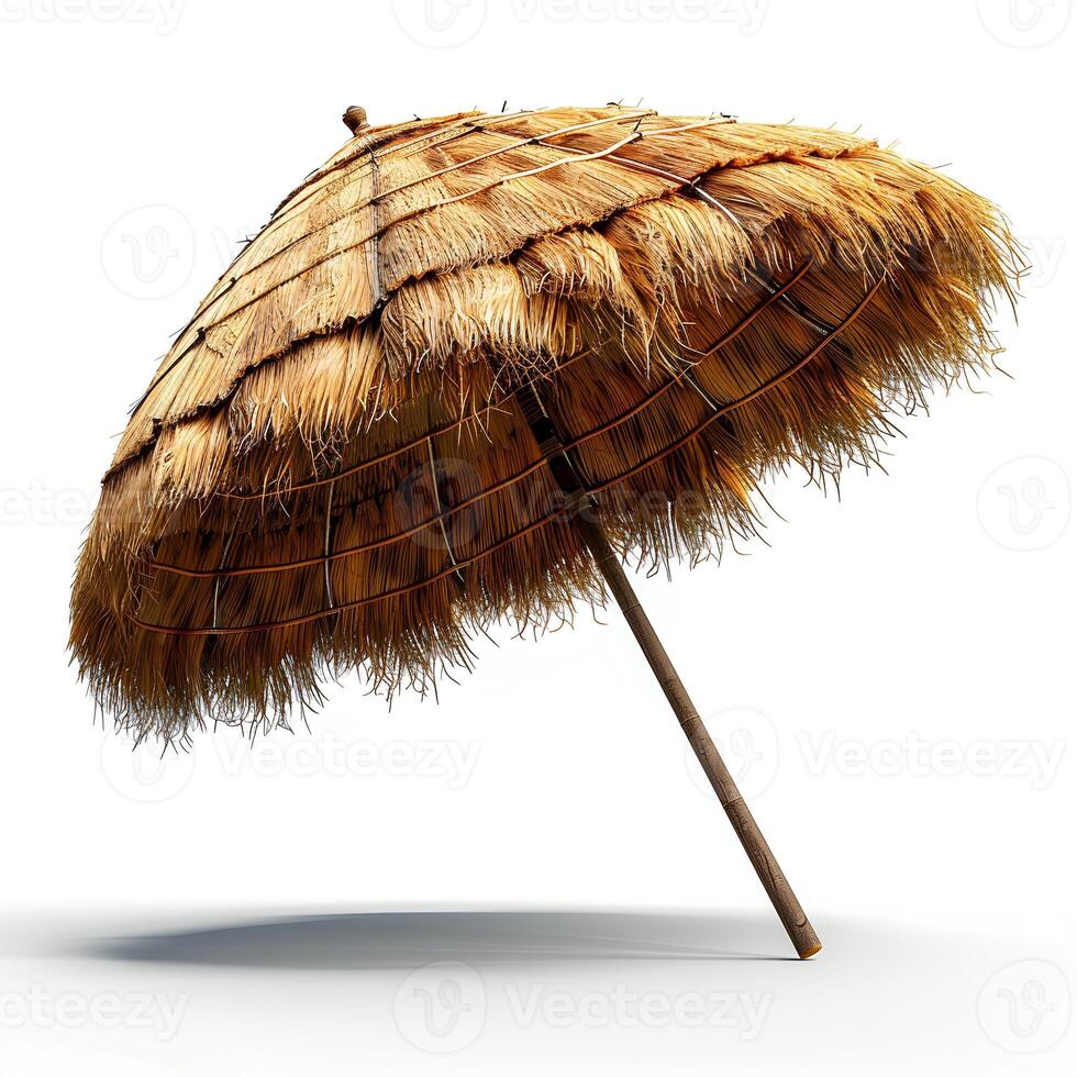 AI generated straw parasol isolated on white background with shadow. straw umbrella for beach use isolated photo
