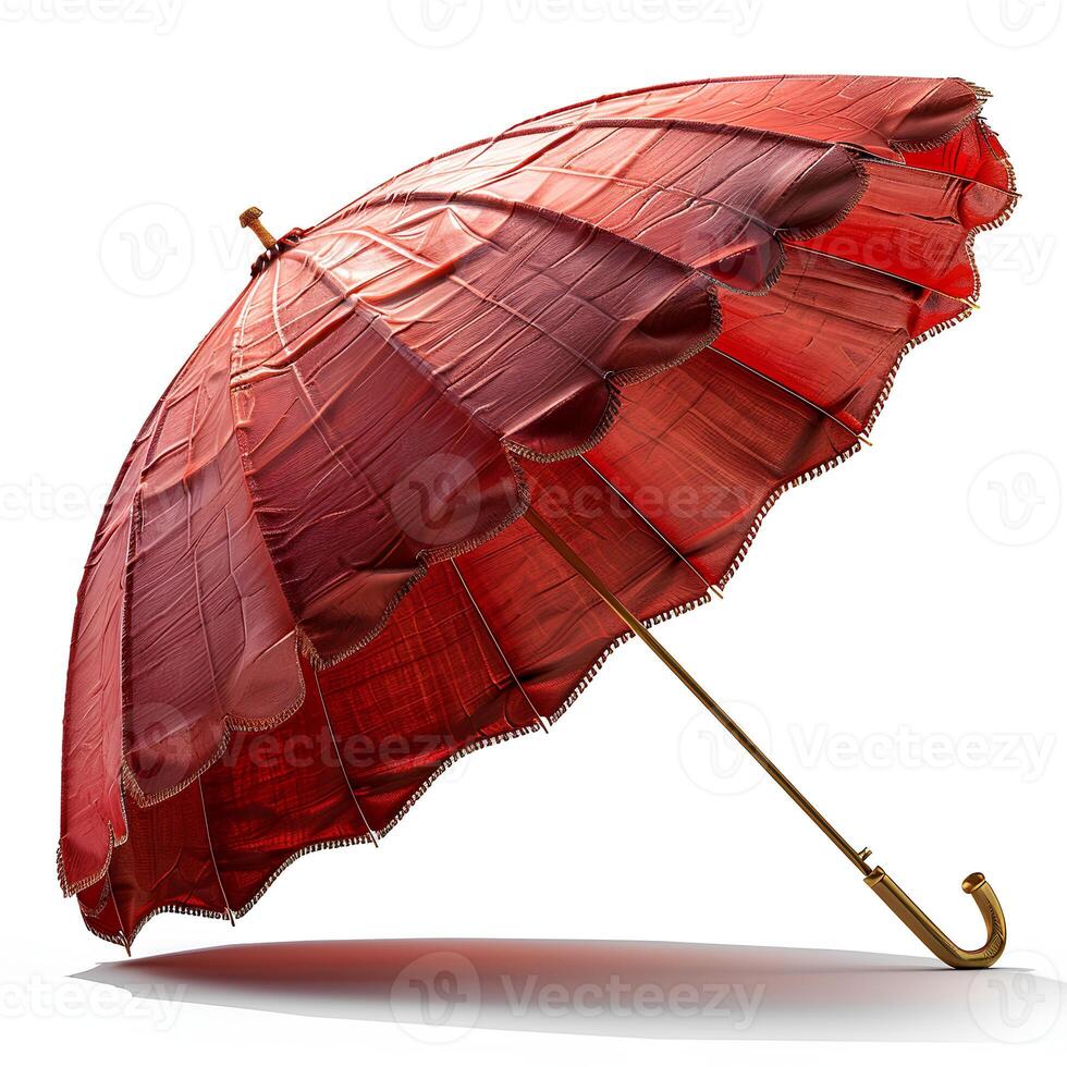 AI generated Red beach umbrella isolated on white background with shadow. Red parasol for beach use isolated. Beach umbrella or parasol photo