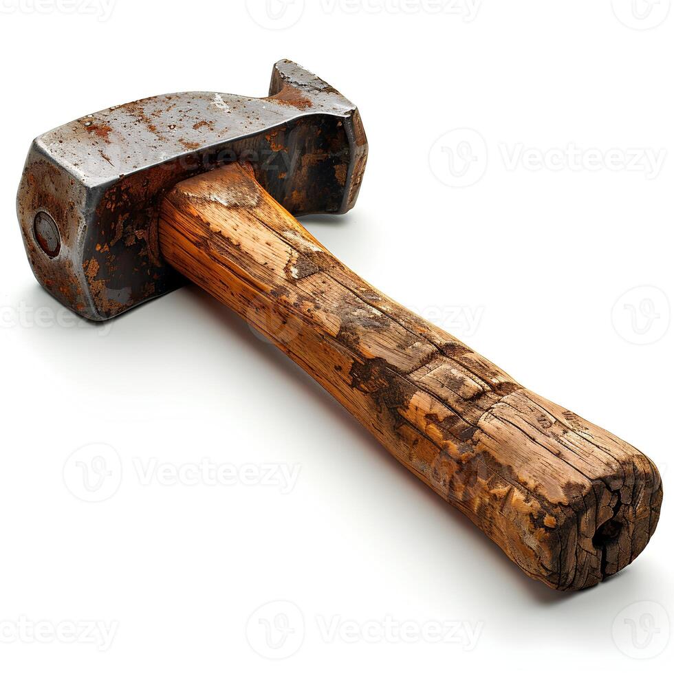 AI generated Old rusty hammer isolated on white background with shadow. Hammer top view isolated. Hammer flat lay photo