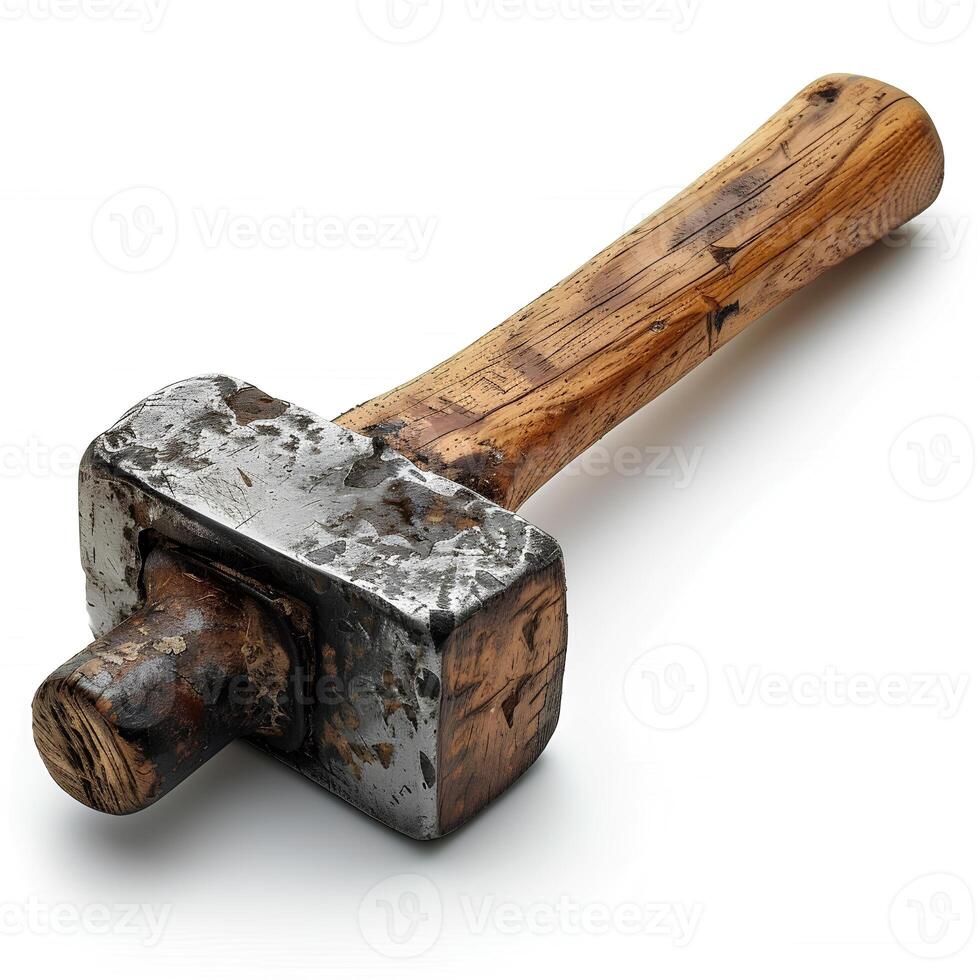 AI generated Old rusty hammer isolated on white background with shadow. Hammer top view isolated. Hammer flat lay photo