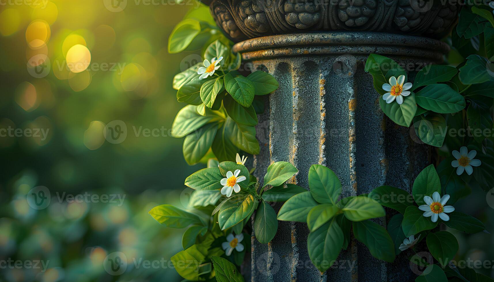 AI generated Ancient Greek column wrapped with flowers and plants. Closeup of greek pillar. Ionic pillar. Doric column. Corinthian column in nature photo