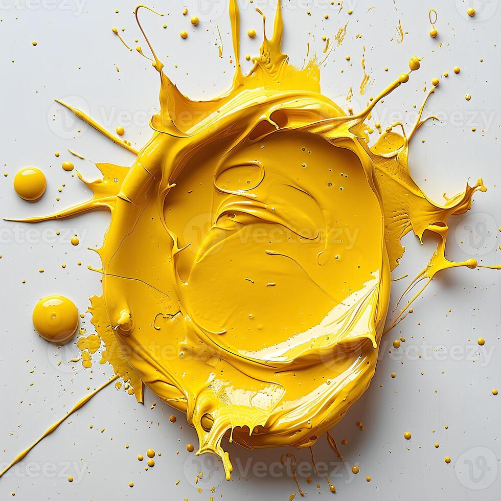 AI generated Yellow paint splash on white background top view. Yellow paint explosion all over white background flat lay. Yellow color splash photo