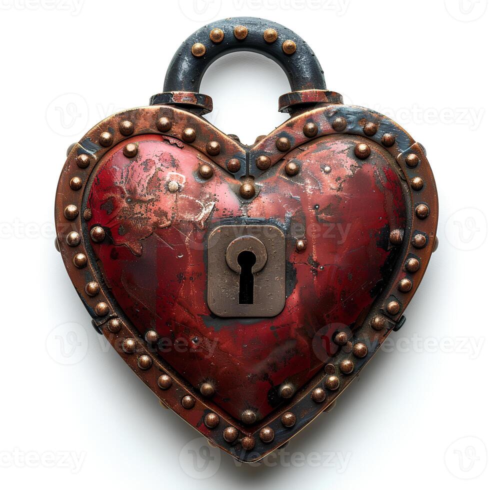 AI generated Heart shaped lock isolated on white background with shadow. Rustic and old heart shaped lock. Old key lock photo